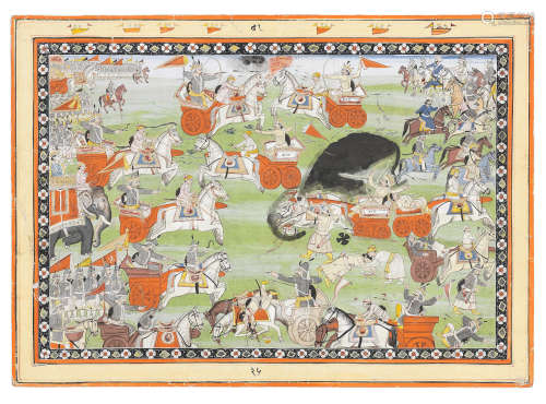 An episode from the Mahabharata, depicting Arjuna in battle with Karna, and Karna's wounding and retreat from the field Pahari, probably Mandi, circa 1840