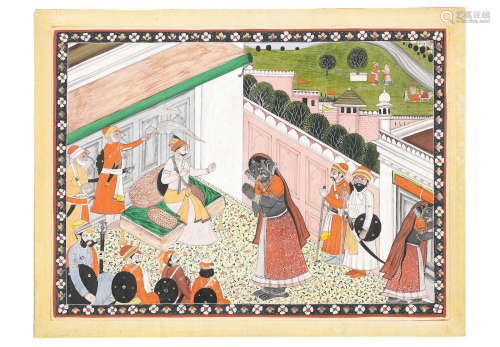 An episode from the Mahabharata, depicting a prince receiving, and spurning, a female demon Pahari, probably Mandi, circa 1840