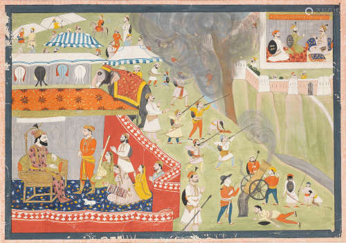 A ruler encamped, probably Sultan 'Ala Al-Din Khilji, while his troops fire on a besieged hill fort, perhaps Ranthambore, ruled by Raja Hamir Hath Pahari, Guler, mid-19th Century