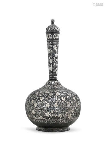 A large silver-inlaid alloy bidri flask (surahi) Deccan, 18th Century