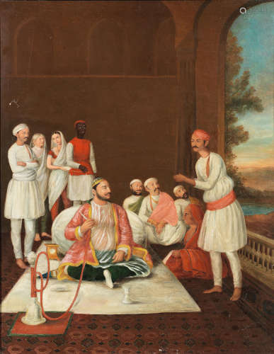 A group of noblemen and servants on a terrace British School in north India, early 19th Century