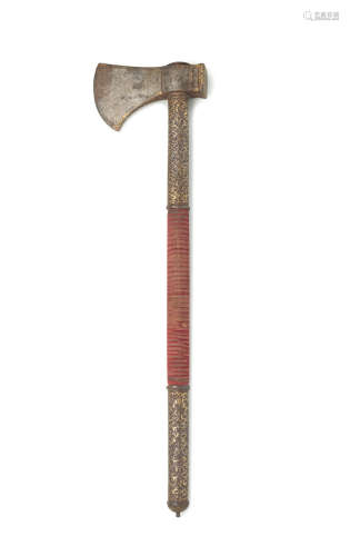 A Mughal gold koftgari steel axe (taberzin) North India, 18th/ 19th Century