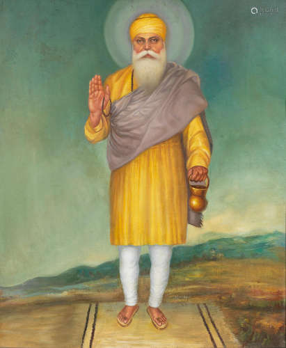 Guru Nanak with one hand raised in blessing, carrying a lota by J. S. Wafa, late 20th Century