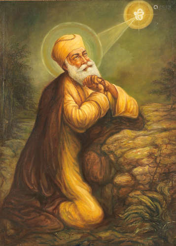 Guru Nanak kneeling in prayer Punjab, late 20th Century