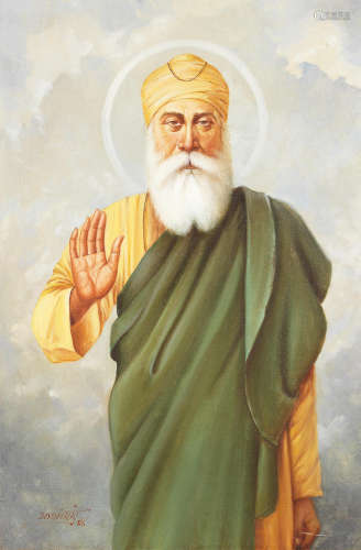 Guru Nanak, nimbate, with one hand raised in blessing by Bodhraj, 1986