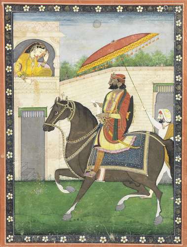 Maharajah Ghulab Singh on horseback, accompanied by an attendant, paying court to a maiden on a balcony above him Punjab, circa 1840-45