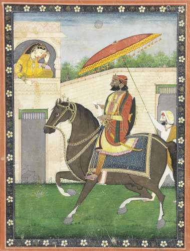 Maharajah Ghulab Singh on horseback, accompanied by an attendant, paying court to a maiden on a balcony above him Punjab, circa 1840-45