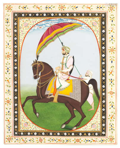 Raja Ranbir Singh of Jammu on horseback, an attendant on foot holding a large parasol above him Punjab, mid-19th Century
