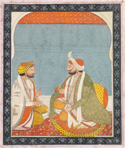 Raja Ranbir Singh of Jammu and Kashmir seated against a bolster, conversing with a secretary on a terrace Punjab, circa 1840-45