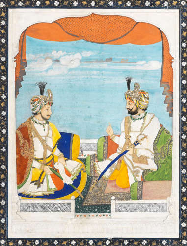 Maharajah Ghulab Singh and Raja Ranbir Singh seated in conversation on a terrace Punjab, mid-19th Century