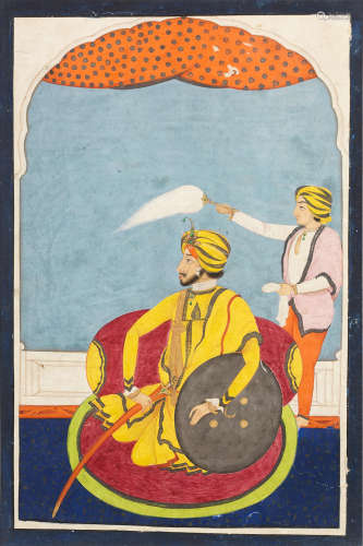 Partap Singh, son of Sher Singh, seated on a terrace, with an attendant holding a flywhisk Punjab, mid-19th Century