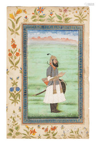 Maharajah Kharak Singh, armed with sword, shield, bow and quiver, standing in a landscape North India, circa 1840