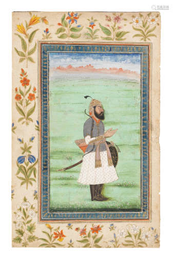 Maharajah Kharak Singh, armed with sword, shield, bow and quiver, standing in a landscape North India, circa 1840