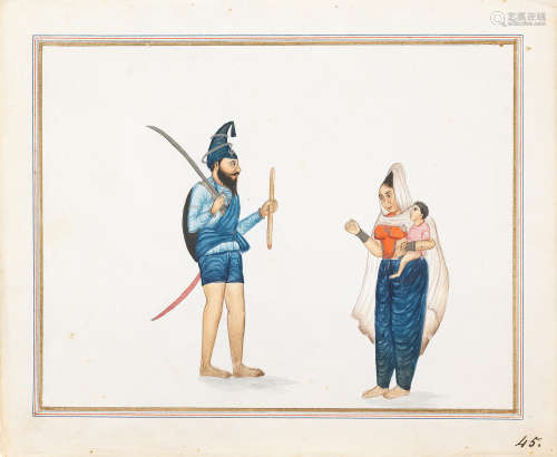 A Sikh akali-Nihang with his wife and child Punjab, probably Lahore, circa 1840