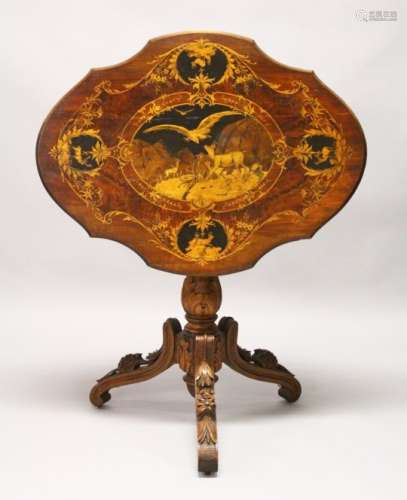 A LATE 19TH CENTURY BLACK FOREST INLAID WALNUT TRIPOD TABLE, the shaped top inlaid with mountain