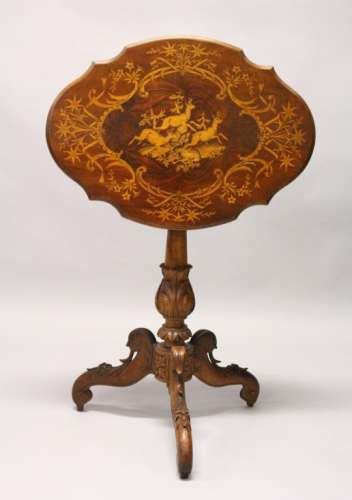 A LATE 19TH CENTURY BLACK FOREST INLAID TABLE. 2ft 1.5ins wide x 2ft 7ins high.