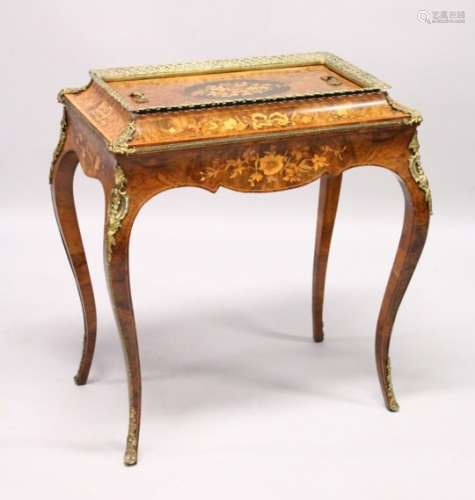 A 19TH CENTURY BURR WALNUT, ORMOLU AND MARQUETRY JARDINIERE, with removable cover, zinc liner, on