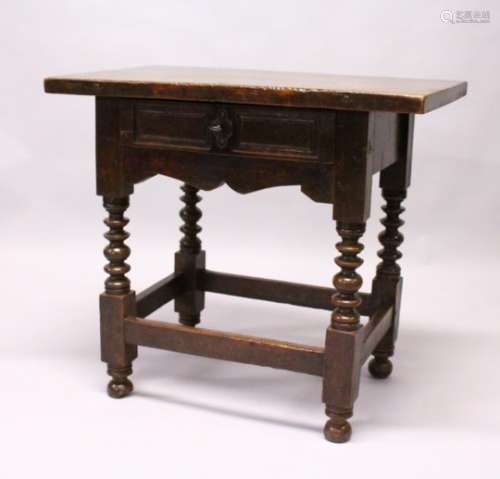 AN 18TH CENTURY SPANISH SIDE TABLE, with solid walnut top, single frieze drawer with iron lock,