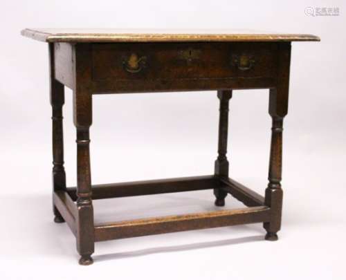 AN 18TH CENTURY OAK SIDE TABLE, with plain three plank top, single frieze drawer with brass handles,
