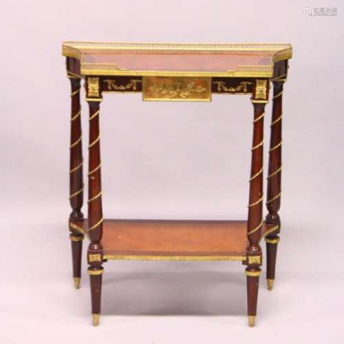 A FRENCH STYLE MAHOGANY AND ORMOLU TWO-TIER CONSOLE TABLE. 2ft 4ins wide x 2ft 9ins high x 1ft