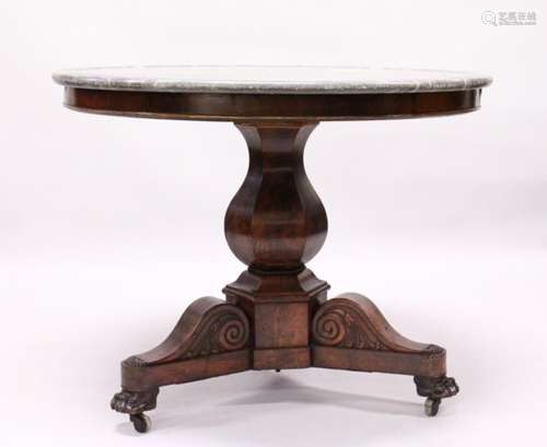 A 19TH CENTURY ROSEWOOD AND GREY MARBLE CIRCULAR CENTRE TABLE, with veined grey marble top, plain