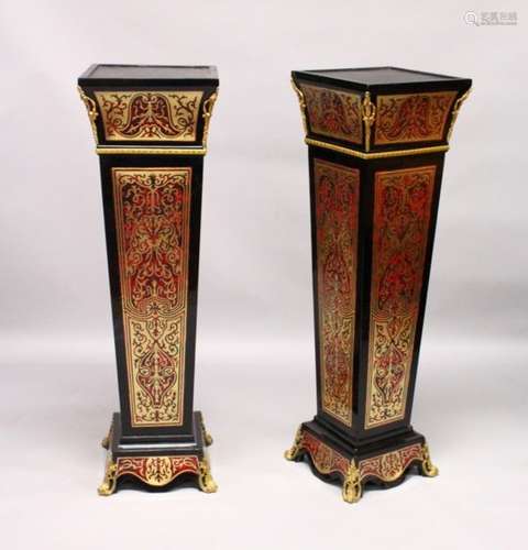 A PAIR OF BOULLE STYLE TAPERING SQUARE COLUMNS, with ormolu mounts. 4ft 0ins high.