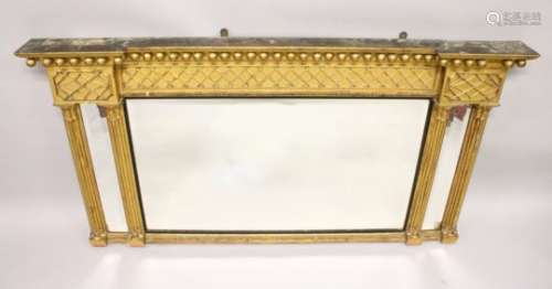 A GOOD 19TH CENTURY GILTWOOD OVERMANTLE MIRROR, with ball and lattice work frieze, three mirror