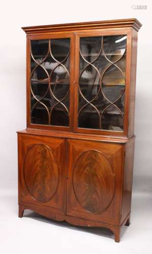 A GEORGE III DESIGN MAHOGANY CUPBOARD BOOKCASE, 19TH CENTURY, with a moulded cornice, pair of