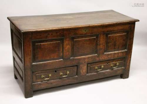 AN 18TH CENTURY OAK COFFER BACH, with rising top, panelled front and two drawers, on stile feet. 4ft