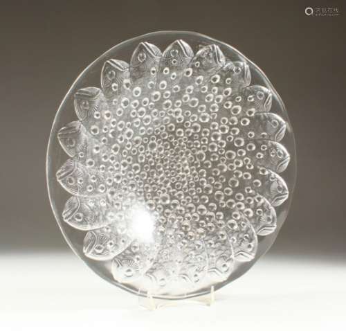 A RENE LALIQUE ROSCOFF CIRCULAR BOWL, moulded with fish within bubbles. 13.75ins (35cms) diameter.