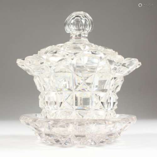 A GOOD 18TH CENTURY IRISH CRYSTAL CIRCULAR BOWL, COVER AND STAND.