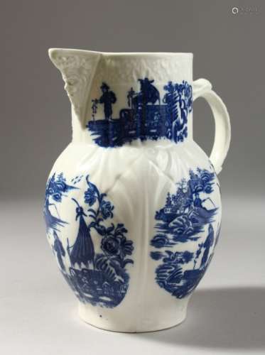 A CAUGHLEY BLUE AND WHITE JUG, of cabbage leaf shape with five scenes on it, Sx mark.