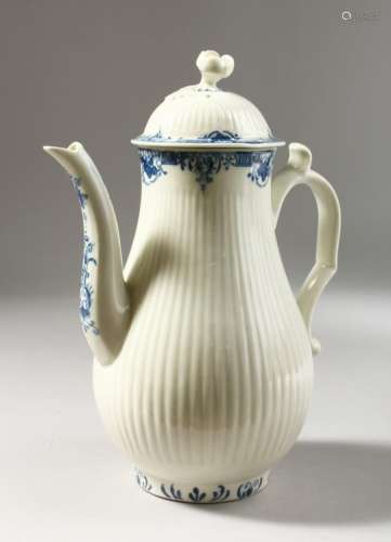 A WORCESTER BLUE AND WHITE COFFEE POT AND COVER, with fine moulded reeding painted with borders on