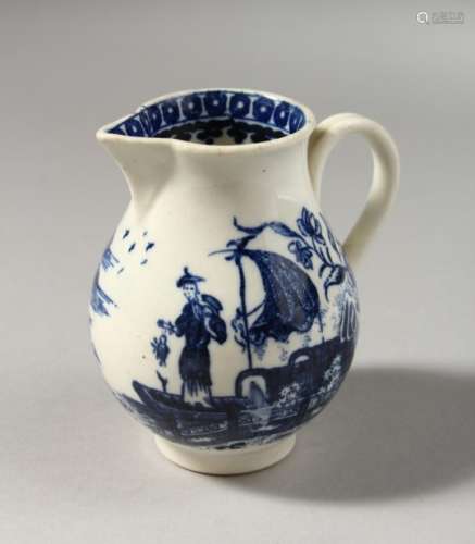 A CAUGHLEY BLUE AND WHITE SPARROW BEAK JUG, with two scenes, a man with a fish and a man fishing, no