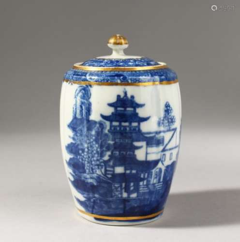 A CAUGHLEY BLUE AND WHITE TEA CANISTER AND COVER, decorated with a complex Oriental landscape, S