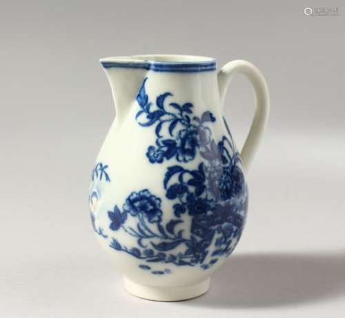 A CAUGHLEY BLUE AND WHITE SPARROW BEAK JUG, with three scenes and two flying birds, C mark.