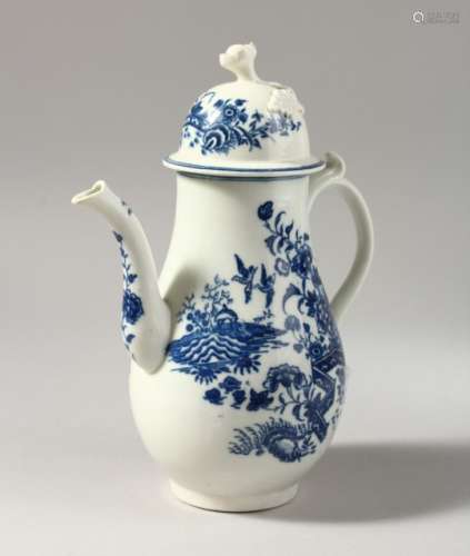 A CAUGHLEY BLUE AND WHITE COFFEE POT AND COVER, with three scenes all having a zigzag fence, no