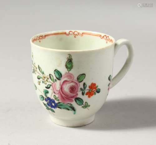 A LIVERPOOL COFFEE CUP, painted with a large rose and other flowers, no mark.