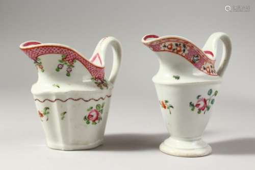TWO NEW HALL CREAM JUGS, painted in Oriental export style.