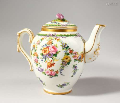 A SEVRES STYLE TEAPOT AND COVER, painted with a mother and two children cooking food over a fire,