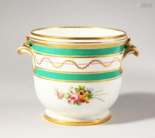 A MINTON CACHE POT, painted with Sevres style flowers under green bands and gilt swags around a