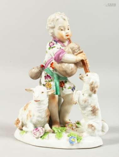 A VIENNA PORCELAIN GROUP OF A YOUNG BOY PLAYING A BAGPIPE, a dog on its hind legs and a sheep by his