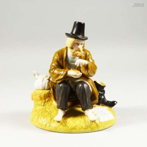 A RUSSIAN PORCELAIN MODEL OF A TRAMP SEATED AT A TREE STUMP. 9ins high.