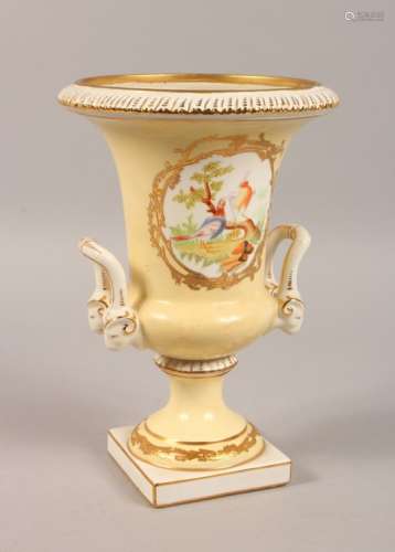 A SEVRES STYLE YELLOW GROUND PEDESTAL VASE. 10ins high.