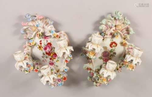 A PAIR OF MEISSEN STYLE THREE BRANCH WALL LIGHTS. 13ins high.