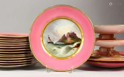 A SUPERB COPELAND DESSERT SERVICE with pink border and painted with shipping and coastal scenes,