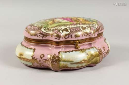 A SEVRES STYLE PORCELAIN BOX AND COVER, decorated with figures in a garden. 13ins wide.
