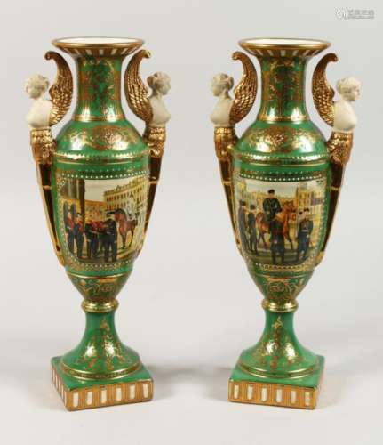 A PAIR OF SEVRES STYLE GREEN GROUND PEDESTAL VASES, decorated with figures and horses. 13ins high.