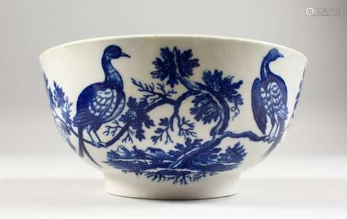 A WORCESTER BLUE AND WHITE CIRCULAR BOWL, Hancock pattern with birds and foliage. Crescent mark in