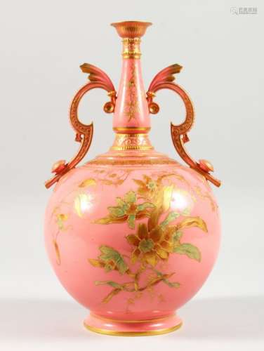 A GOOD CROWN DERBY PINK GROUND TWO-HANDLED BULBOUS VASE, for the Islamic market, with gilt